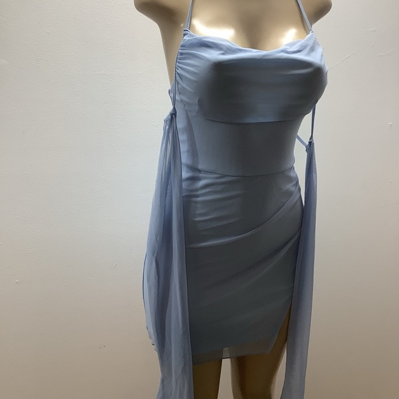 Elegant Size Small Light Blue Sheer Bell Sleeve Mini Dress. Preloved - Picture 3 of 9